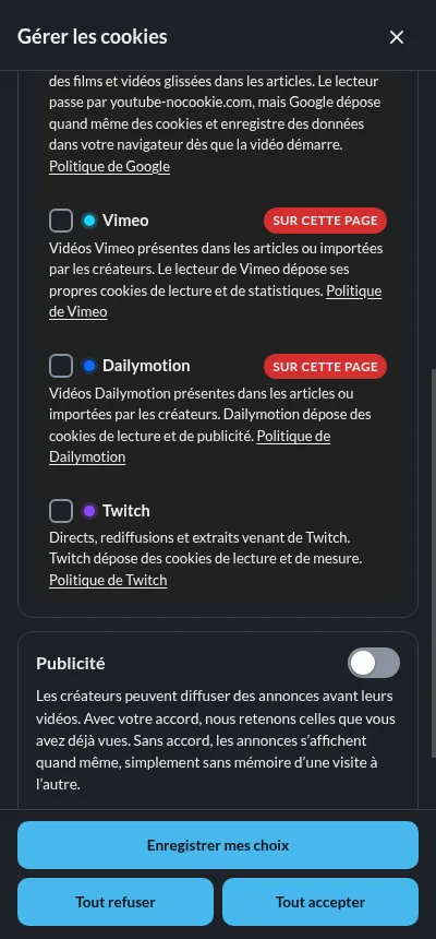 Le panneau Gérer les cookies, plateformes une par une