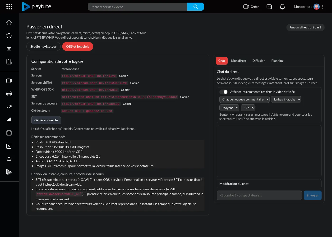 Mode OBS et logiciels : adresses de diffusion