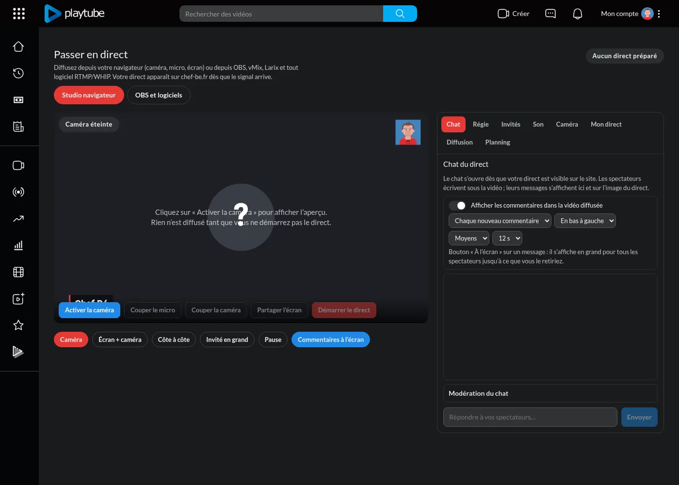 Studio de direct dans le navigateur