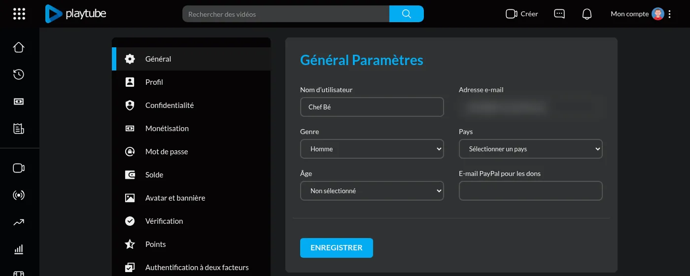 Paramètres du compte (adresse e-mail masquée)