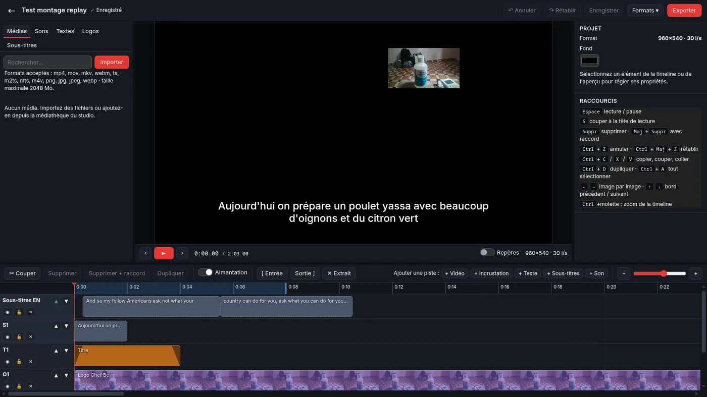Éditeur de montage : aperçu, piste de sous-titres, propriétés et raccourcis