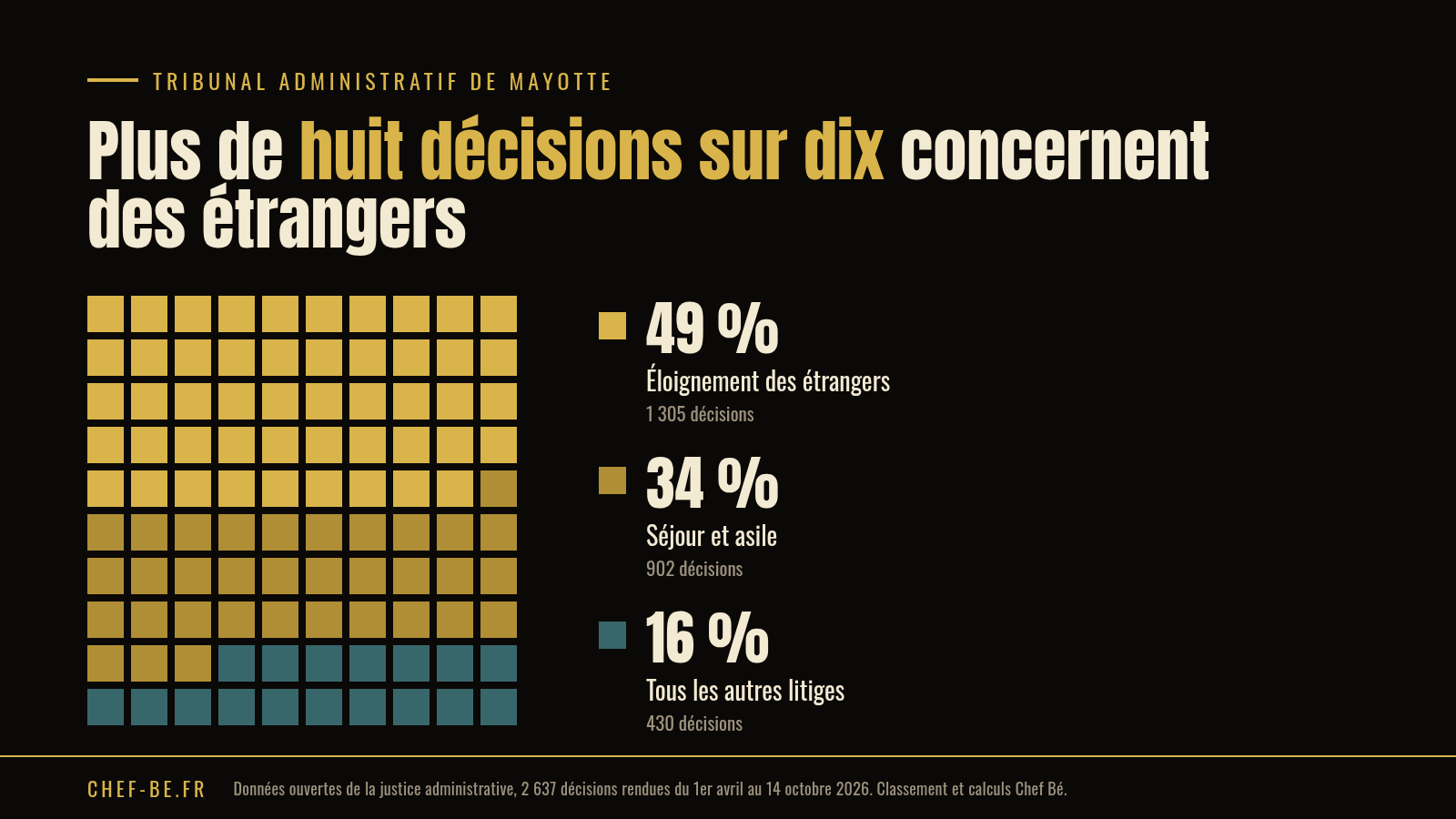 Gaufre de cent carrés, 49 % éloignement des étrangers, 34 % séjour et asile, 16 % autres litiges